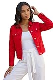 Roman Originals Jean Denim Jacket for Women UK Ladies 100% Cotton Summer Casual Stretch Crop Smart Utility Trucker Biker Fitted Vintage Wash Faded Classic Work Twill - Red - Size 18