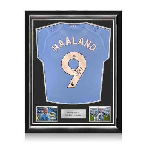 Exclusive Memorabilia Erling Haaland Signed Manchester City 2023-24 Shirt. Superior Frame: EPL Winner, One-Size, Blue