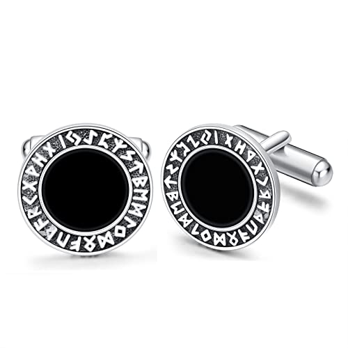 Viking Rune Black Onyx Cufflinks for Men Sterling Silver Cuff