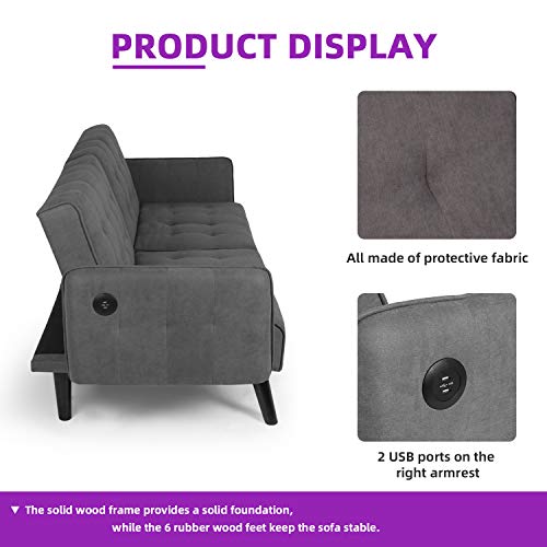 Hfg 65In Modern Fabric Linen Upholstered Convertible 2 Usb Folding Futon Couch Sofa Bed, Foldable Loveseat, Loveseats Furniture For Compact Small Space, Dorm, Living Room Apartment, Office, Dark Grey #TOP3