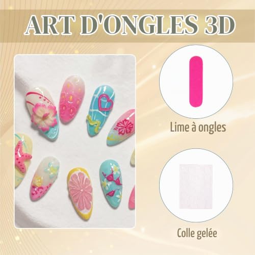 Tastetreasure Lot de 30 faux ongles à presser colorés 3D - Motif plage d'été - Kit de faux ongles brillants dégradés de luxe - Avec onglets adhésifs, lime à ongles et bâton en bois pour femme – vue 5