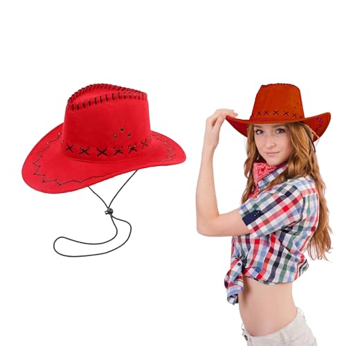 Lizzy 1 x Adult Cowboy Hat Faux Suede Material with Cross Hatch Stitching Detail Wild West Western Sheriff Mens Womens hat Halloween Cow Girl Hats Costume for Fancy Dress Accessories (Red)