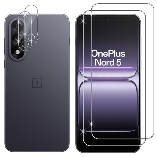 Lutree Cristal Templado para OnePlus Nord 5, 2+2 Piezas Protector de Pantalla + Protector de Lente de Cámara, Dureza 9H HD Anti-Arañazos Vidrio Templado Película Protectora