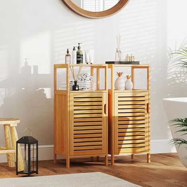 Kinfant Bamboo Bathroom Floor Cabinet Furniture Set of 2 - Free-Standing Storage Cabinet with Single Door and Shelf
