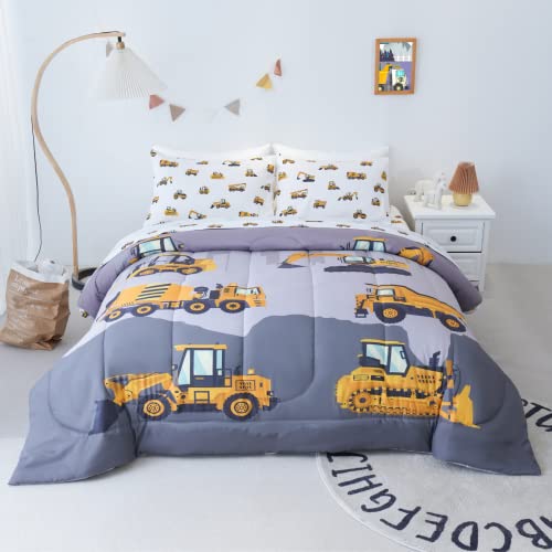 Cokouchyi Twin Size Comforter Set for Boys, 4-Piece Bed in a Bag, 3D Construction Bedding Comforter Sheet Set, Ultra Soft and Fluffy, Cartoon Truck...