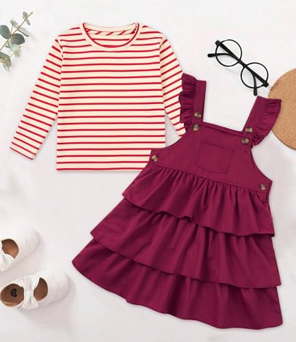 Toddler Girl Fall Outfit Baby Girls Overall Dress and Long Sleeve Stripes T-Shirt Set for 18M-5Y2