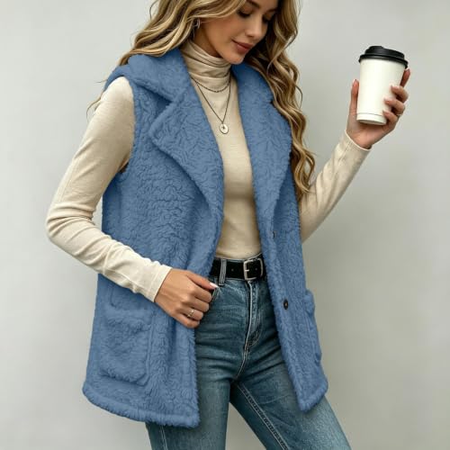 Aymnlox Vest for Women Fleece Fuzzy Sleeveless Lapel Jacket Button Down - image 6