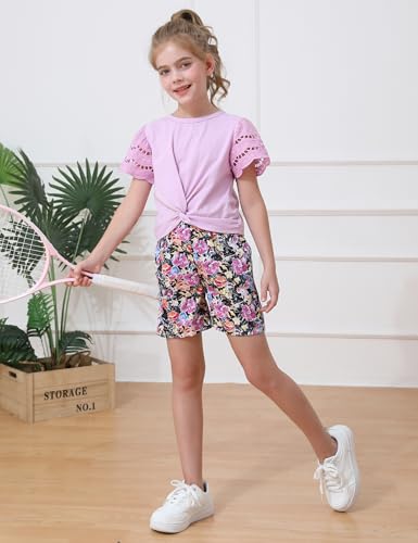 Image of mksodop Girls Clothes 2-Piece Teen Girls clothes Lace Hollow Short-Sleeved Twist T-Shirt And Floral Short Girl Summer Outfits
