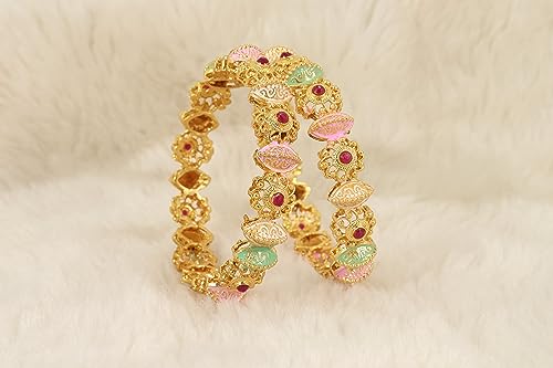 Image of NMII Brass Gold Plated Bangles Set For Girls and Women Studded Pearls and Stone | Gold Plated Brass Bangles | Metal bangles | (Pack of 2)