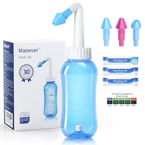Neti Pot - Botella de enjuague sinusal, limpiador de nariz, enjuague a presión, riego nasal para adultos y niños, sin BPA, 300 ml, con paquetes de sal de lavado nasal y termómetro adhesivo (azul cian)