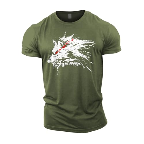 GYMTIER Untamed Wolf Red Eyes Drip - Camiseta de gimnasio para hombre, culturismo, entrenamiento, levantamiento de pesas, ropa, verde, L