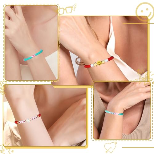 Image of Preppy Bracelets Set Colorful White Gold Smile Heart Star Polymer Beaded Pearl Clay Stackable Charm Y2K Kidcore Aesthetic Summer Beach Bohemian Stretch Layering Bracelets Jewelry for Girls Women Teens