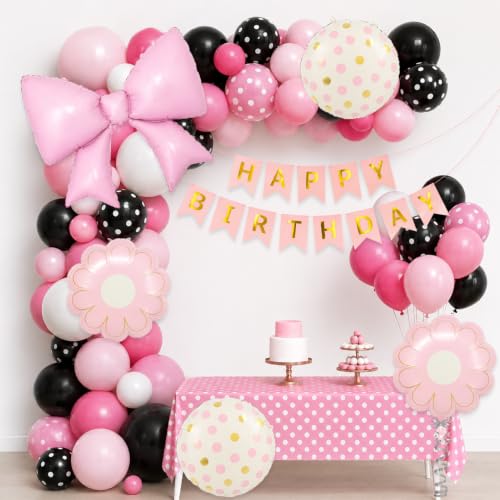 Image of 56 Pcs Pink Birthday Decoration Kit for Girls | Bow, Flower & Polka Dot Foil Balloons, Happy Birthday Banner | Bday Party Decoration Supplies