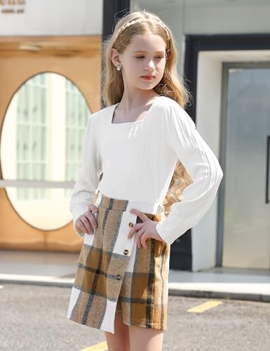 Image of AGAPENG Girl Skirt Sets 3 Piece Outfits Square Neck Jacquard Puff Sleeve Tops Plaid Mini Skirt Shorts Fall Winter Clothes