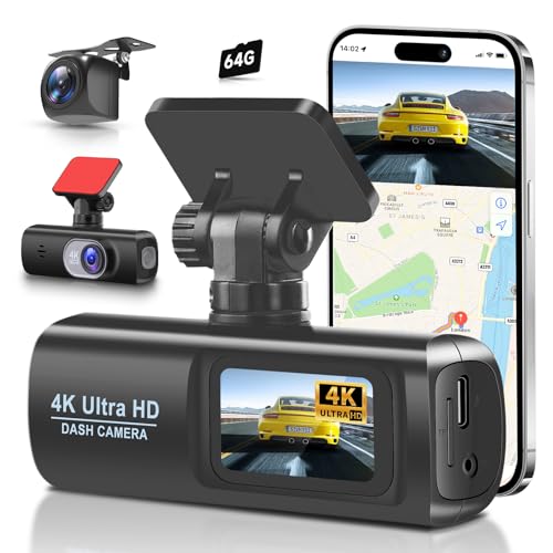 Dash Cam 4K Front and Rear Full HD Dash Camera for Cars, Included 64GB Card, Built-in WiFi, 1.47" IPS ScreenLoop Recording, G-Sensor, Night Vision, Parking Mode