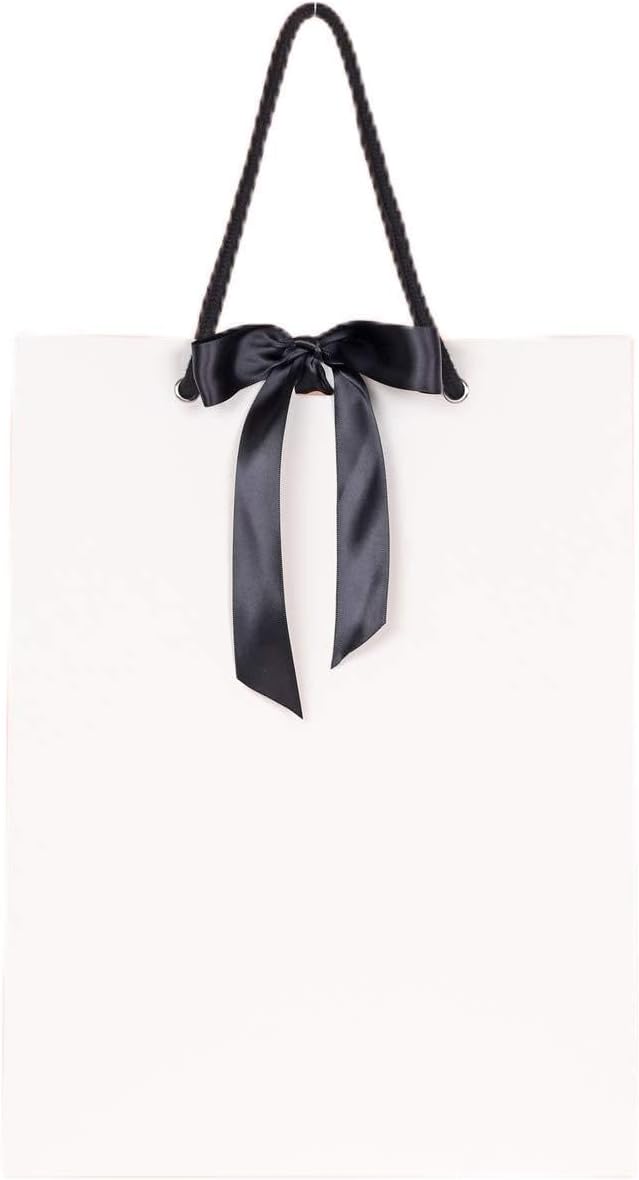 PAPERIST 12pcs Elegance Gift Bag with Satin Bows Ribbon, Sturdy Durable Thick Gift Bag, White gift bag with Black handle and Black Ribbon, Gift bag for Wedding, Christmas, Birthday Party