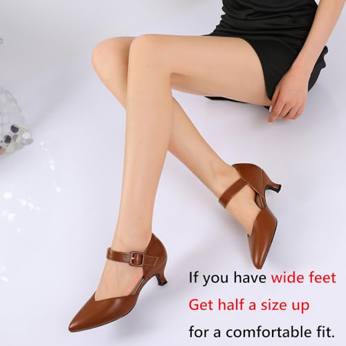 Image of RIBONGZ Comfortable Kitten Heels for Women Pointed Closed Toe Ankle Strap Buckle Heels Slip on Low Heel Church Pumps Wedding Bridal Party Dressy Shoes