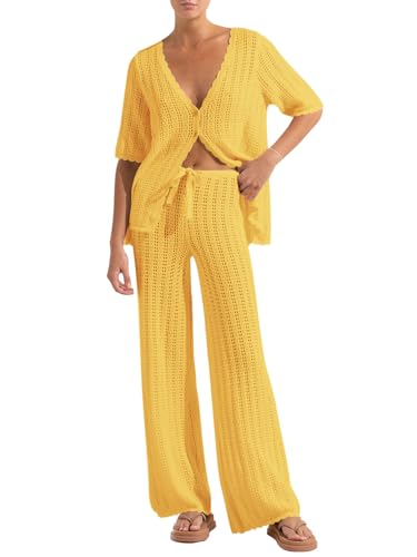 Imily Bela Women's Summer 2 Piece Swimsuit Cover up Crochet Knit Cardigan Tops Long Pants Set Bathing Suit Beach Outfit