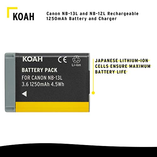 Koah PRO Rechargeable Replacement 1250 mAh Li-Ion Battery and Charger Compatible with Canon NB-13L, NB-12L, Small, Compact and Ultra Portable Spare Charge kit, USB Charging Output for Digital Camera