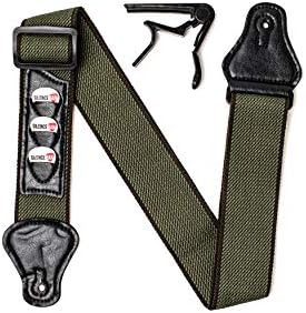SILENCEBAN Soft Cotton Adjustable Green Khaki Shoulder Guitar strap for kids adults Strap 3-in-1 Strap with Leather Pick Holder Includes Black Capo and 3 Picks kit for Electric and Acoustic Guitar