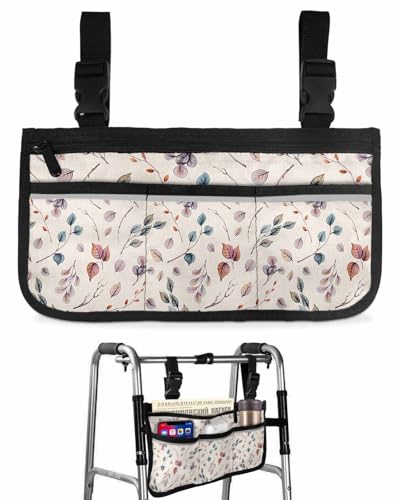 Anzona Fall Colorful Leaves Wheelchair Side Bag Walker Bag, Autumn Botanical Rustic Wheelchair Accessories Armrest Pouch, Organizer Storage Bag for Walkers, Rollators, Scooters, 7.3''x13''