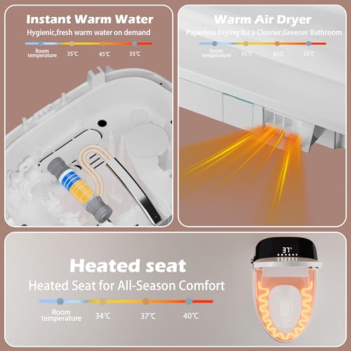 Image of WinZo Smart Toilet With Bidet, ADAOne-Piece Elongated, Auto Open /Close & Flush, Heated Seat, Front & Rear Wash, LED Display, Night Light, 12-inch Rough-in, White, Ceramic (Black)