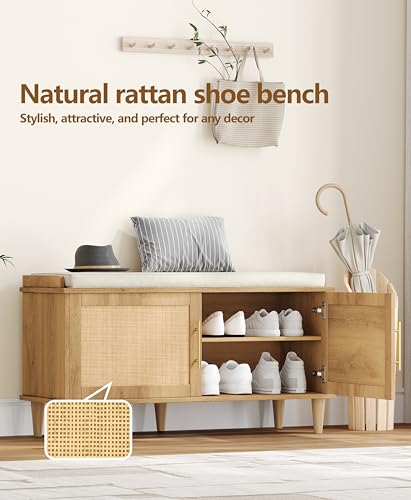 Akxomel Natural Rattan Shoe Storage Bench with Cushion, Entryway Shoe Cabinet Bench with 2 Doors, 14.2\"D x 39.4\"W x 20\"H, Wooden Shoe Organizer, Adjustable Shelf, Solid Wood Legs, for Hallway, Bedroom