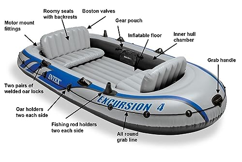Image of Exursion 4, 4 Person Inflatable Boat for Flood Rescue, Adventure, Rafting, Fishing, for Fun and Enjoyment in River with Friends and Family, Included Oars & Air Pump (68324)