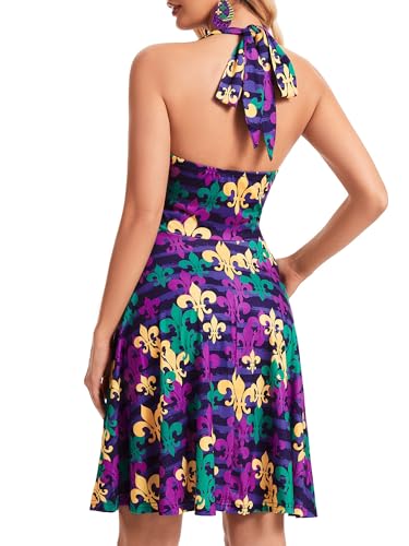 Image of Women's Festival Dress- Halter V Neck Sleeveless Ruffle Mini Dresses with Pocket