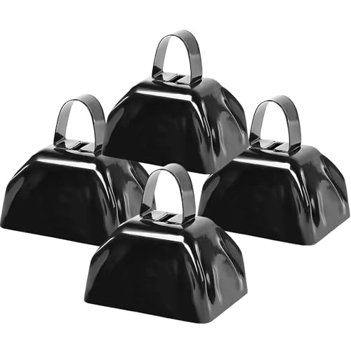 Metal Cow Bell Noise Maker - 3 Inch Pack of 4 - Small Loud Metal Cowbell Noisemaker with Handle - Great for Football Games, Sporting Events, Weddings, New Year's Eve, Birthday Parties