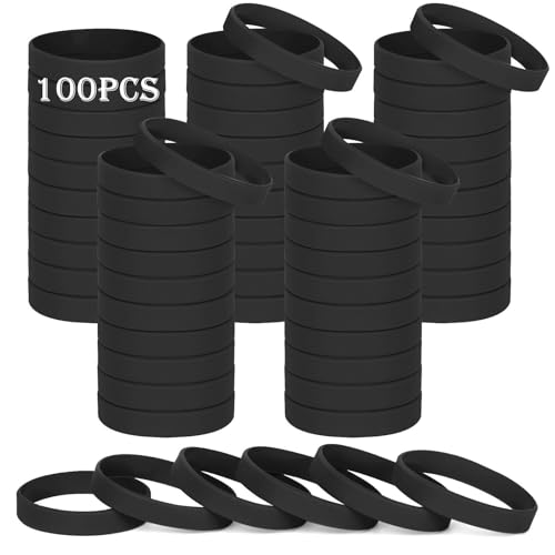 HONTIUS 8'' Pulseras de Silicona, 100PCS Pulseras Elásticas de Goma, Negro Pulsera de Silicona para Hombre Mujeres Mayor de Deportes