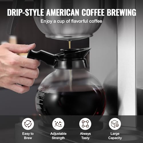 VEVOR 12 Cups Commercial Drip Coffee Maker, Coffee Maker Machine with 3 Glass Carafes and 3 Warmer Plates, Stainless Steel Pour Over Coffee Brewer with Auto Water Intake, for Restaurant Office Cafe