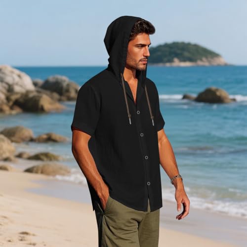 Men Linen Short Sleeve Button Down Shirt Summer Casual Hawaiian Beach Tops Lightweight Fashion Hoodies Black3
