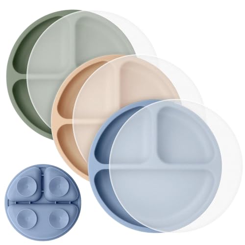 Image of Cutebe 3 Pack Toddler Plates with Lids Baby Plates with Soft Material Silicone Suction Plates for Baby with Divided Design & Raised Edges Suction Plates for Feeding