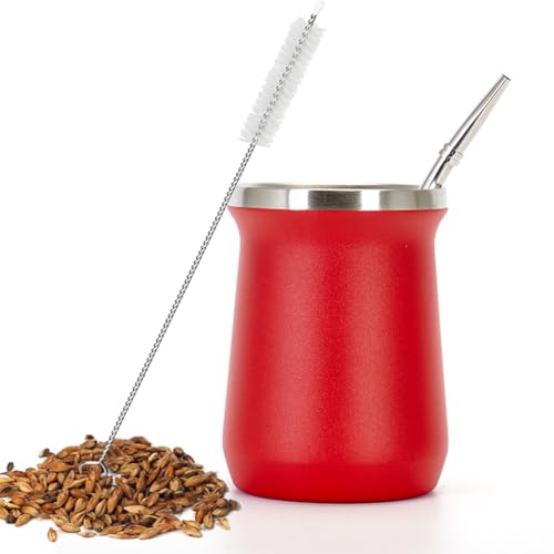 Auaozo Taza de acero inoxidable de doble pared para yerba mate, juego de té mate de 260 ml con taza de calabaza y pajita de bombilla y cepillo (rojo)