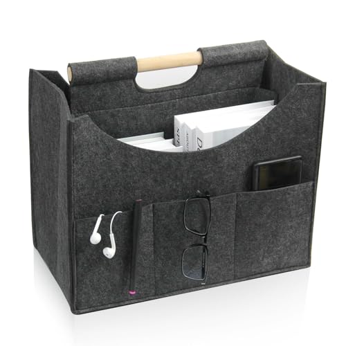Newspaper Rack， Moderner Filz Zeitschriftenständer, 3-Aufbewahrungstaschenfaltbarer und abnehmbarer großer Filz Zeitungskorb Aufbewahrungsständer, Massivholzgriff, Größe 38x20x30cm (dunkelgrau)