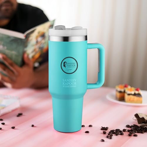 Image of Sanjeev Kapoor by Classic Essentials Stanley Stainless Steel 1200ML Tumbler with Lid and Straw, Hot and Cold Double Insulated Sipper Mug, 100% Leak Proof Coffee Tumbler Cupholder for Office Blue