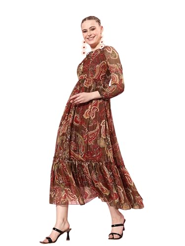 Miss Chase Women's Multicolored-Base-Brown Relaxed Fit Maxi Lurex Chiffon Dress (Mcaw22D99-79-179-02, Brown, Xs)