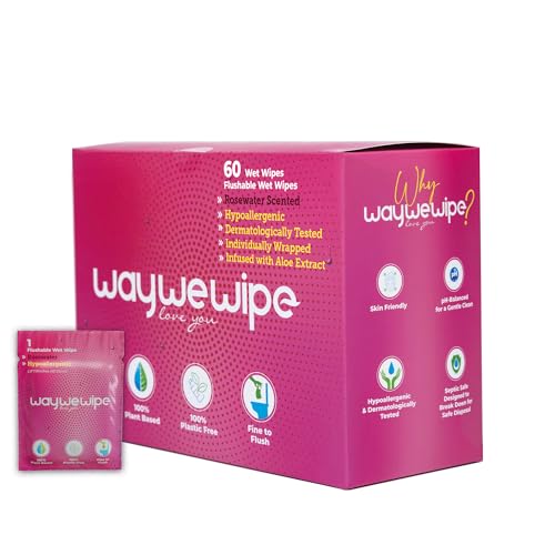 On-The-Go Flushable Feminine Wet Wipes, 32 Count XL Individually Wrapped Female Wipes, Hypoallergenic 100% Plant Based Septic Safe, Travel Size Adult Cleansing Cloth for Women, Rosewater
