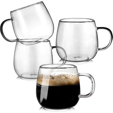 BNUNWISH Clear Glass Coffee Mugs Tea Cups 16OZ set of 4 with Handle, Microwave & Dishwasher Safe, Perfect for Espresso, Latte and Cappuccinos Cover
