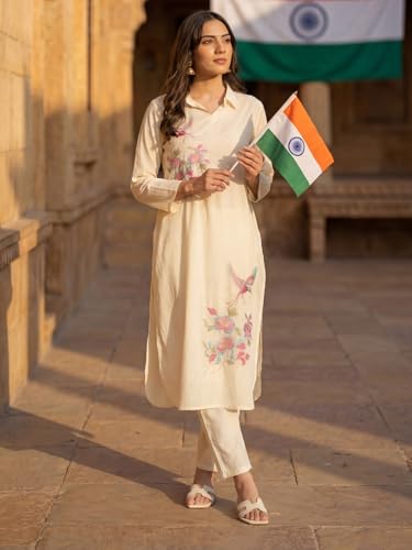 Image of INDO ERA Women's Pure Cotton Floral Embroidered Straight Kurta & Pant Set (IERTF11944)