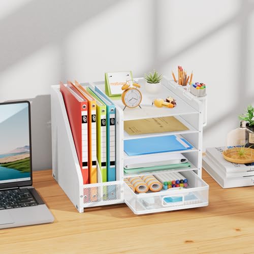 Image of Marbrasse Desk Organizer with File Holder, 5-Tier Paper Letter Tray Organizer with Drawer and 2 Pen Holder, Mesh Desktop Organizer and Storage with Magazine Holder for Office Supplies (Wood-White)