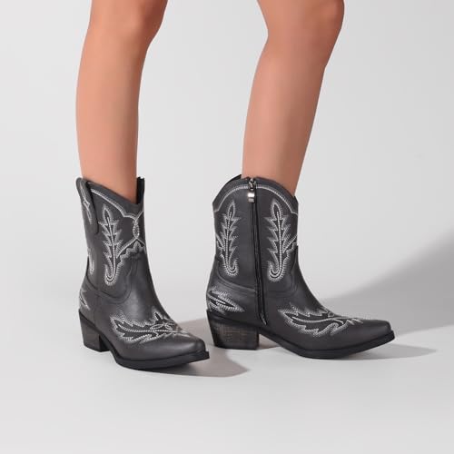 Image of Rhinestone Ankle Cowboy Boots for Women Embroidered Short Cowgirl Boots with Low Heel Side Zipper Comfortable Chunky Heel Western Booties for Prom Party Wedding Pull On Shoes