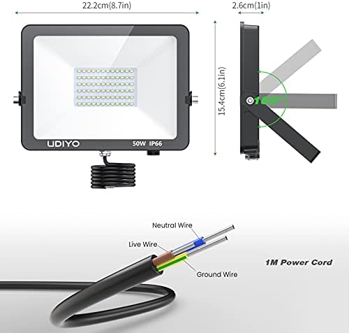 UDIYO 50W LED Floodlight Outdoor, 5000 Lumen LED Security Lights Super Bright, Waterproof IP66, Flood Lights Wall Light Spotlight for Garden, Yard, Daylight White 6000K