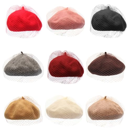 Greabuy Béret pour femme - Béret français - Hiver - Automne - En laine - Couleur unie - Voile en maille - Automne - Peintre de rue - Casquette octogonale - Pour femme - Chapeau tendance pour filles,