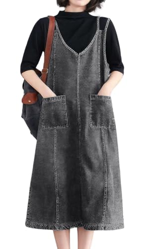 Image of ebossy Women's Sleeveless V Neck Denim Overall Jumper Dress Casual Loose Double Spaghetti Straps Midi Jean Dress