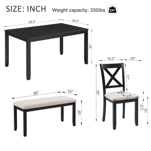 Image of Harper & Bright Designs 6-Piece Dining Table Set with Chairs & Bench,Black | Padded Beige Upholstered Seats, Space-Saving Bench, And Easy Assembly - Perfect For Families And Apartments