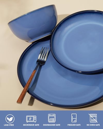 Image of Pokini Stoneware Dinnerware Sets, Ceramic Plates and Bowls Set, Microwave & Dishwasher Safe Kitchen Dish Set, Modern Dinner Plates | Salad Plate | Cereal Bowls for 4, Dishware Sets Blue