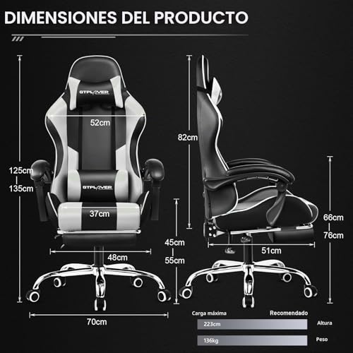 Miniatura 3 de Gtplayer Silla De Videojuegos Ergonómica Para Masaje Con Reposapiés Y Soporte Lumbar, Altura Ajustable, Asiento Giratorio De 360 Y Reposacabezas Para Oficina, Color Blanco