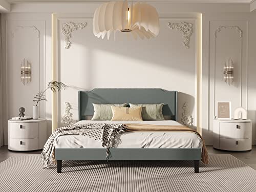 Bonsoir Queen Size Bed Frame Traditional Upholstered Low Profile Platform With Wing Back And Nail Trim Headboard/No Box Spring Needed/No Bed Skirt Needed/Soft Linen Fabric Upholstery/Light Green #TOP3